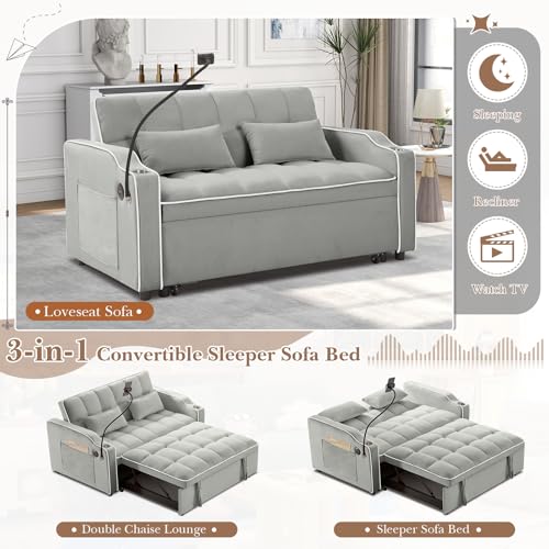 Convertible Sleeper Sofa Bed, 3 in 1 Velvet Pull Out Loveseat Couch Modern Comfy Futon Sofa with Adjustable Backrest & Phone Holder & USB Charging Space Saving for Living Room, Small Apartment, Grey