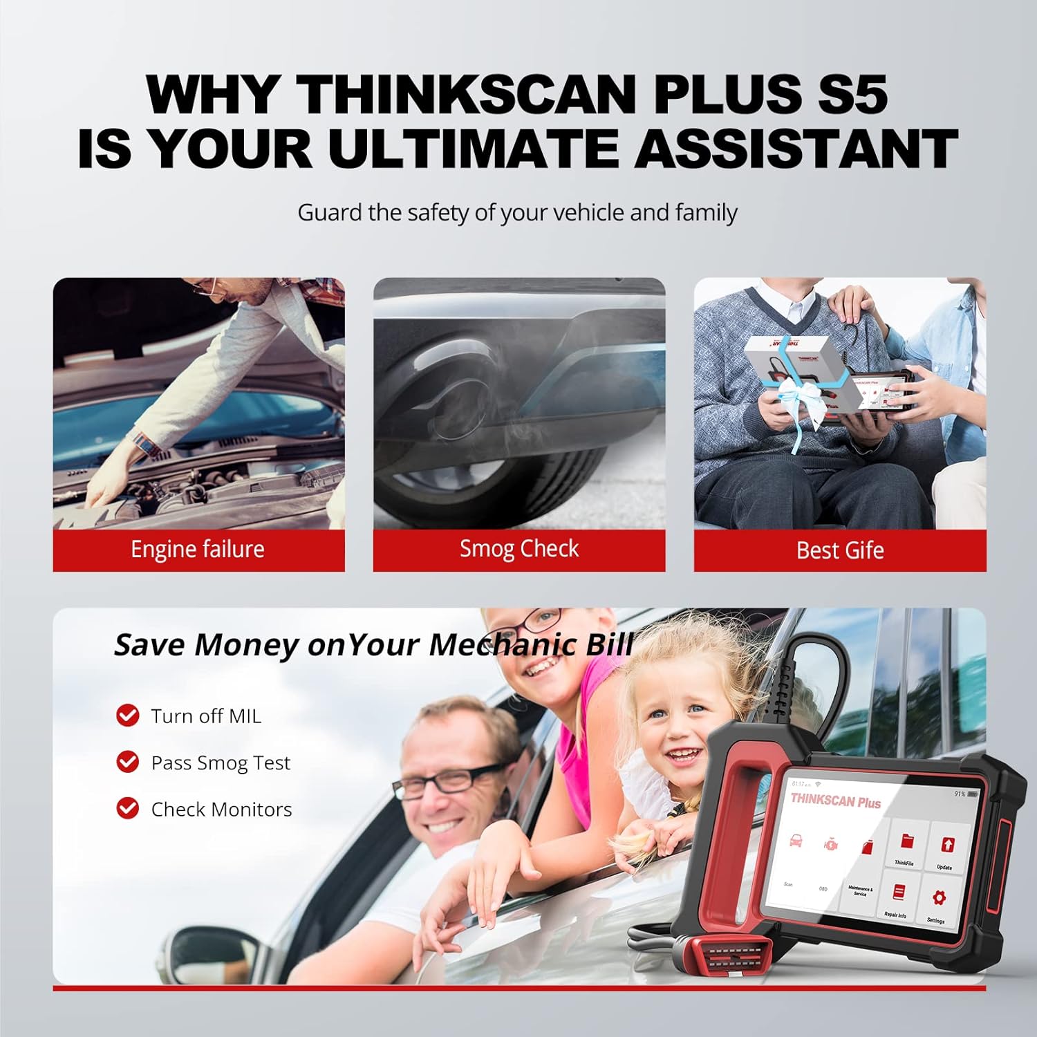 THINKCAR Car Scanner ThinkScan Plus S5 OBD2 Scanner, 4 System Diagnosis ABS SRS ECM TCM Code Reader Diagnostic Scan Tool with Lifetime Free Update, Car Diagnostic Scanner for All Cars [2022 Newest]