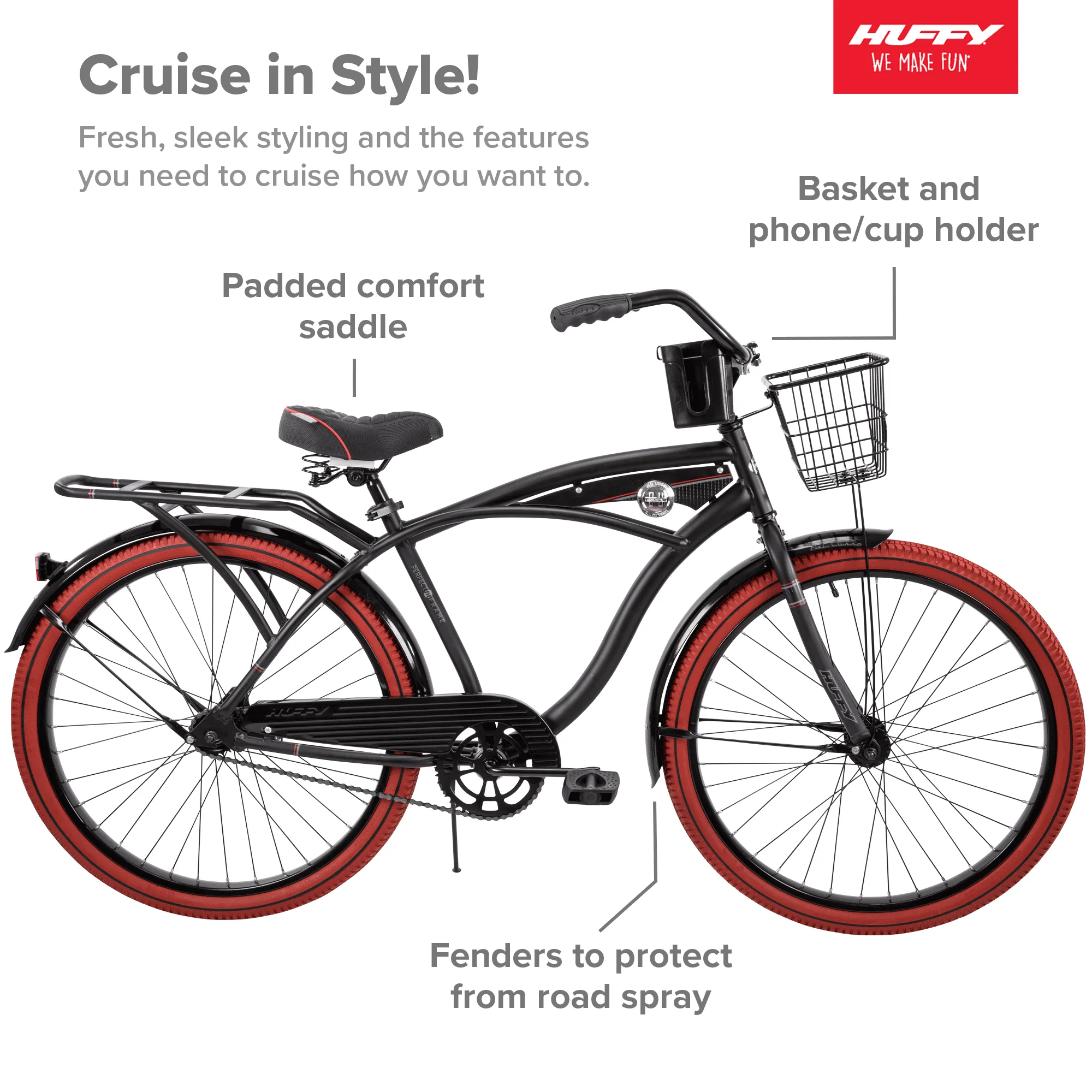 Huffy 26 Inch Nel Lusso Men's Cruiser Bike, Matte Black