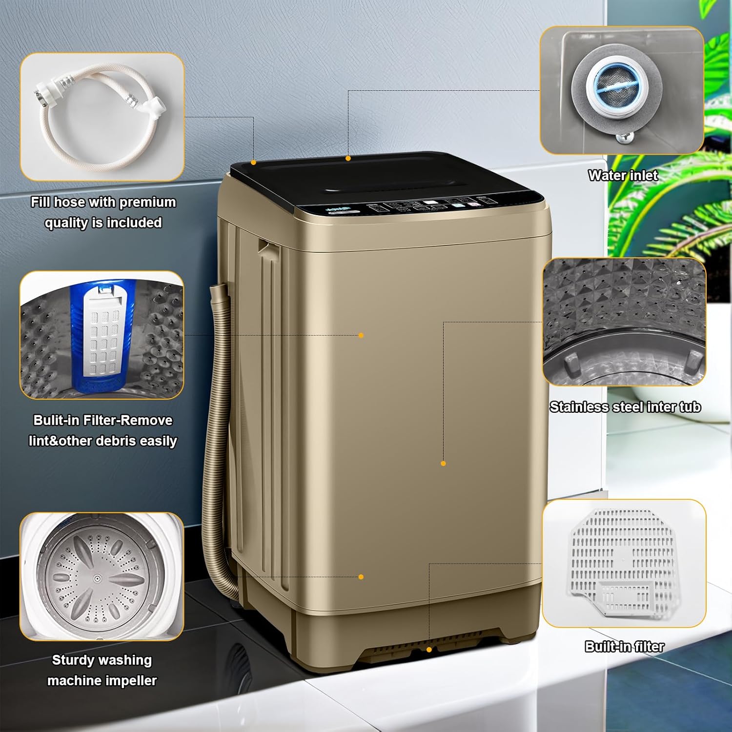 2.3 Cu.ft Full Automatic Washing Machine, 15.6lbs Small Portable Washer, with LED Display, Drain Pump/10 Programs 8 Water Level Selections, Transparent Lid & LED Display