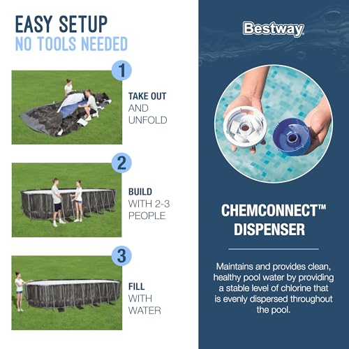 Bestway Power Steel 16' x 10' x 42" Rectangular Metal Frame Above Ground Swimming Pool Set with 1000 GPH Filter Pump, Ladder, and Pool Cover