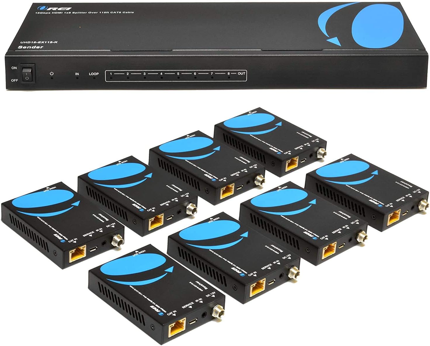 4K 4x4 HDMI Extender Matrix by OREI - UltraHD 4K @ 60Hz 4:4:4 Over Single CAT5e/6/7 Cable with HDR Switcher & IR Control, RS-232 - Up to 230 Ft - 1080P Downscale - 4 x Loop Out - 4 Receivers Included
