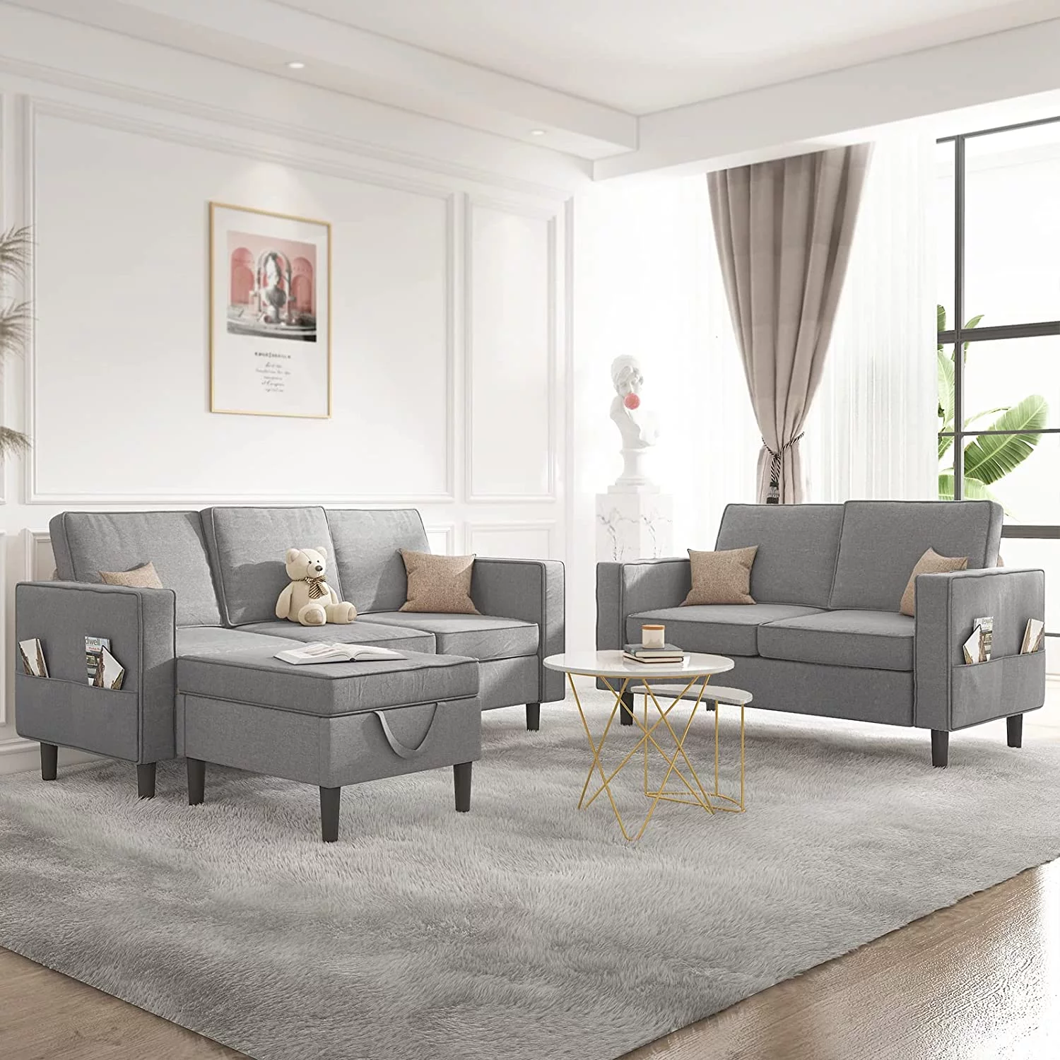 Mjkone Convertible Sectional Sofa Couch with Storage Ottoman, 3 Pcs Couch Set with Storage Pockets, Sectional Couches for Living Room, 3-Seater + Ottoman + 1-Loveseat (Light Gray)