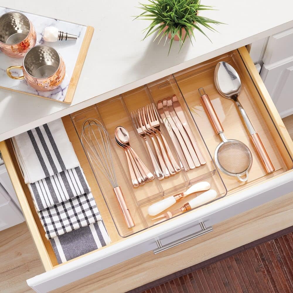 mDesign Adjustable, Expandable Plastic Kitchen Cabinet Drawer Storage Organizer Tray - for Storing Organizing Cutlery, Spoons, Cooking Utensils, Gadgets - Clear