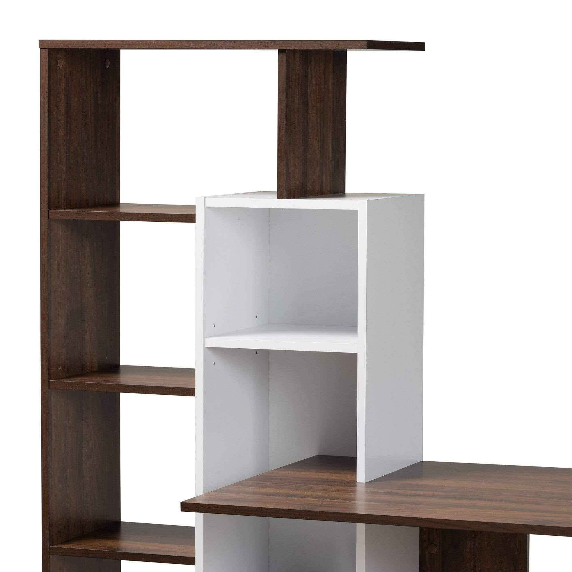 Baxton Studio Rowan Modern and Contemporary Two-Tone Finished Wood Storage Computer Desk with Shelves White u0026 Walnut Brown