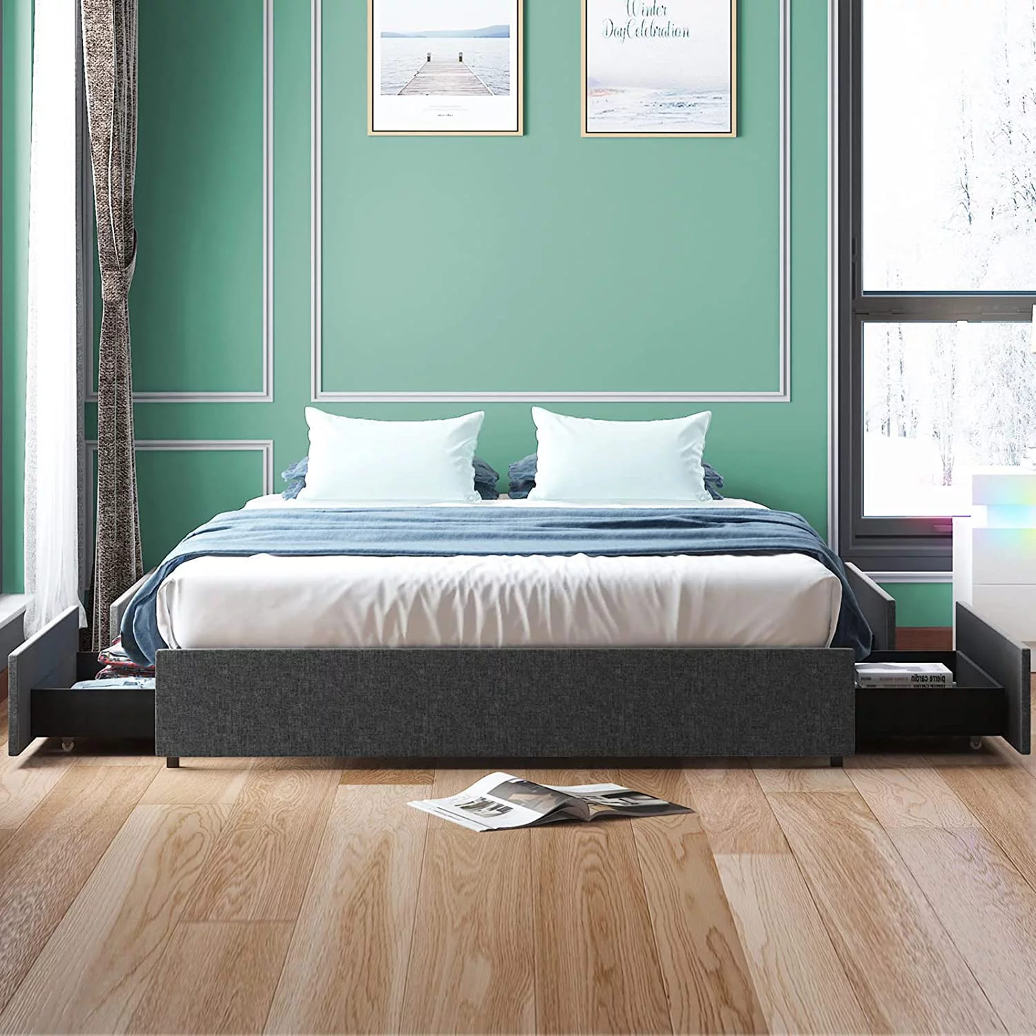 Cal King Size Bed Frame with 4 Storage Drawers Soft Cotton Linen Fabric King Size Platform Bed Frame with Wood Slat Support No Box Spring Needed/Easy Assembly/Space Saving  Dark Grey
