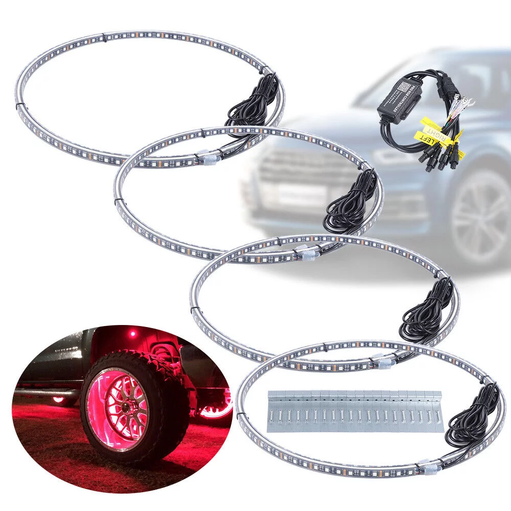 4Pcs 17.5'' Double Row LED Wheel Lights RGB Ring Rim Lamp Fit Car Truck Bluetooth