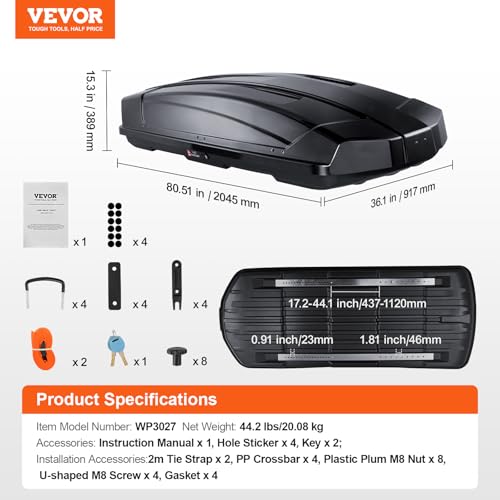 VEVOR Rooftop Cargo Carrier, 18 Cubic Feet Roof Cargo Box, ABS Hard Shell Roof Box, with Dual-Sided Opening and 2 Reinforced Straps, Aerodynamic, Suitable for most Crossbar, for Car, Wagon, SUV, Black