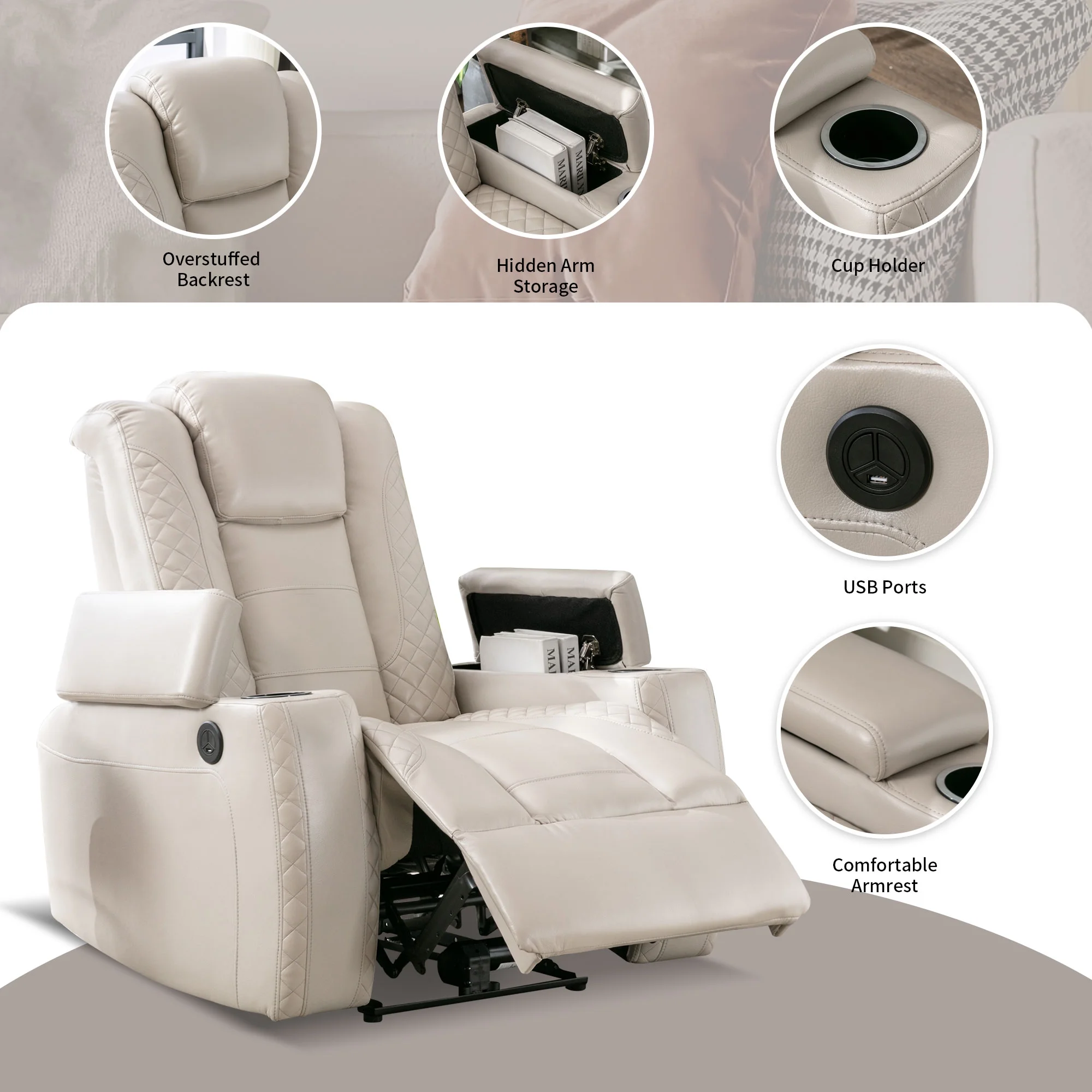 Kbest Power Recliner Chair with Cup Holders and Hidden Arm Storage Leather Home Theater Recliner with with USB Ports