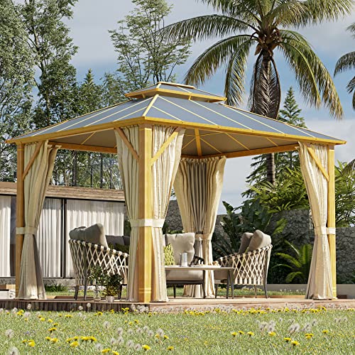 YOLENY 10' x 12' Hardtop Gazebo, Wood-Looking Gazebo with Galvanized Steel Double Roof, Aluminum Frame, Permanent Metal Pavilion with Netting and Curtains for Deck, Backyard, Patio and Lawns