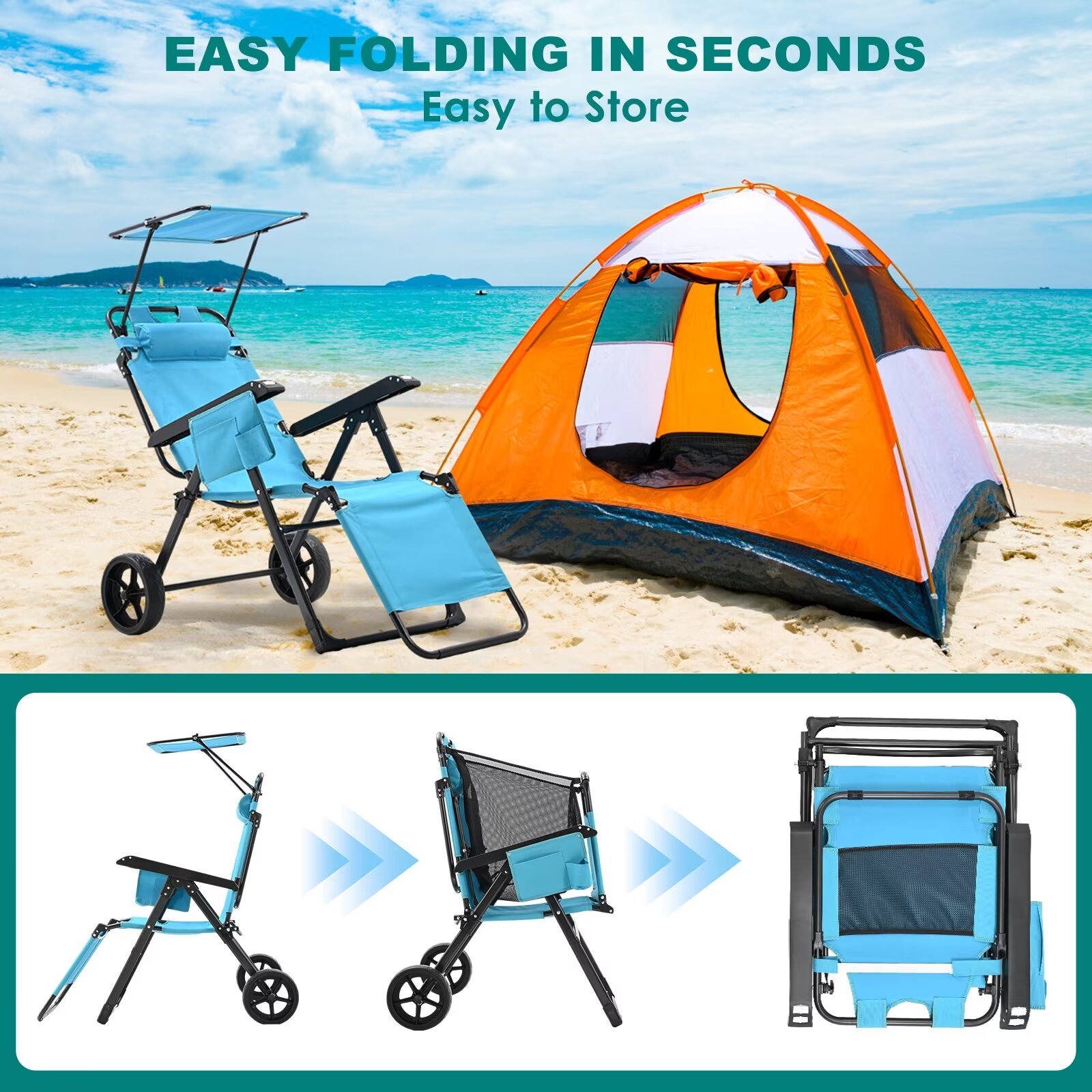 MOPHOTO Canopy Beach Chair Support 300bls, 2 in 1 Beach Cart Chair with Large Wheels, Outdoor Sunbathing Folding Beach Tanning Chair Sun Chair with Shade, Perfect for Beach, Backyard, Pool