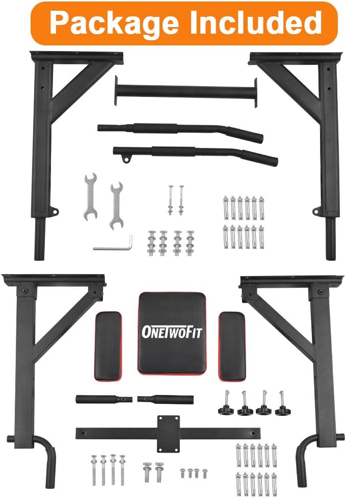 ONETWOFIT Wall Mounted Power Tower Pull Up Bar Station Workout Dip Station, Multi-Function Chin Up Bar Exercise Bar Set for Home Gym Strength Training Fitness Equipment, Pull Up Stand 330 Lbs