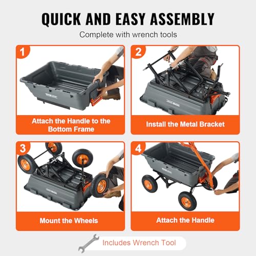 VEVOR 1200lbs 7Cu.Ft. Garden Dump Cart with 2-in-1 Convertible Handle and 13in All Terrain Wheels, Heavy Duty Poly Yard Dump Wagon Utility ATV Trailer Dump Cart Tow Behind for Lawn Mower Tractor