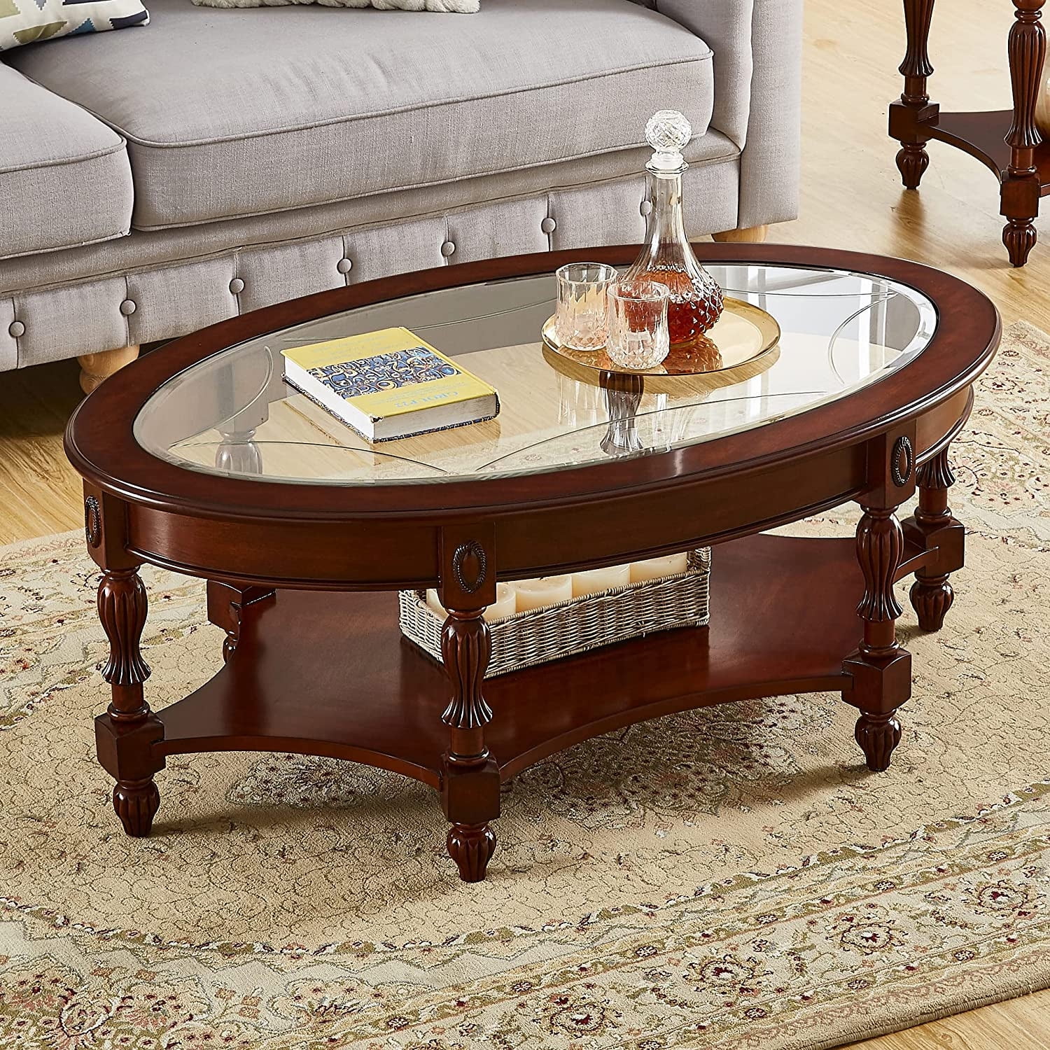 Gexpusm Oval Glass Coffee Tables for Living Room, 2-Tier Solid Wood Coffee Table with Storage Shelf, Vintage Cocktail Table, Dark Brown