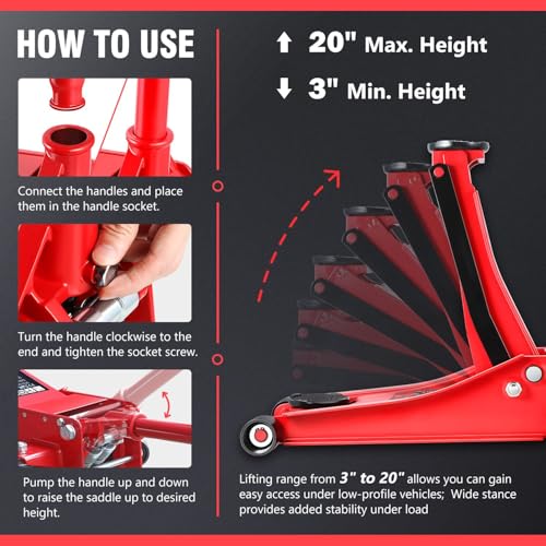 DNA MOTORING Floor Jack 3 Ton (6000 lbs) Capacity, Fast Lift Service Jack Low Profile Steel Heavy Duty Hydraulic Car Jack, Lifting Range 3"-20", Black, TOOLS-00475-BK