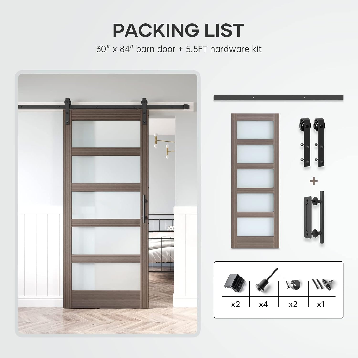 30 x 84 Inch Glass Sliding Barn Door Slab and 5.5ft Hardware Kit Included, MDF Wood Panel Covered with Water-Proof Scratch-Resistant PVC Surface, Easy to Clean, Simple DIY Assembly