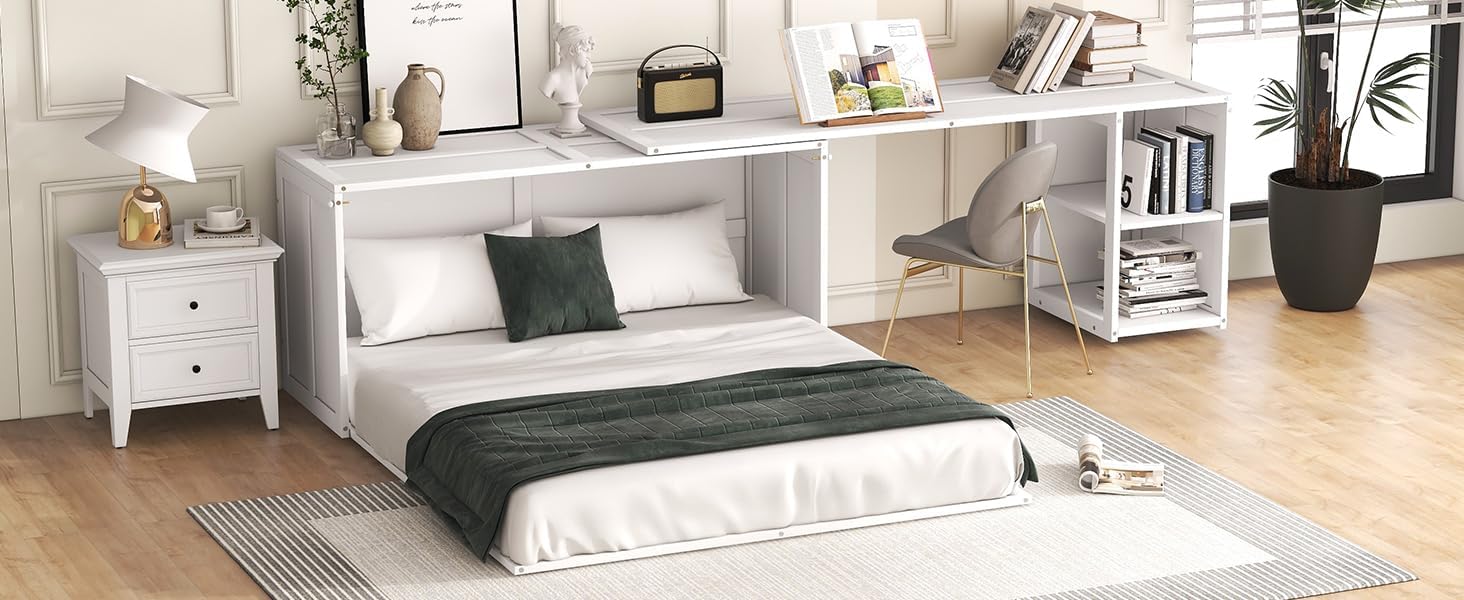 Queen Size Murphy Bed with Rotating Desk, White Finish - Space Saving Furniture 120x80.50x31.70 in.
