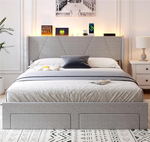 VOWNER Queen Bed Frame with Storage Headboard & 4 Drawers, LED Upholstered Bed Frame with Charging Station, Wood Slats Support No Box Spring Needed, Light Grey