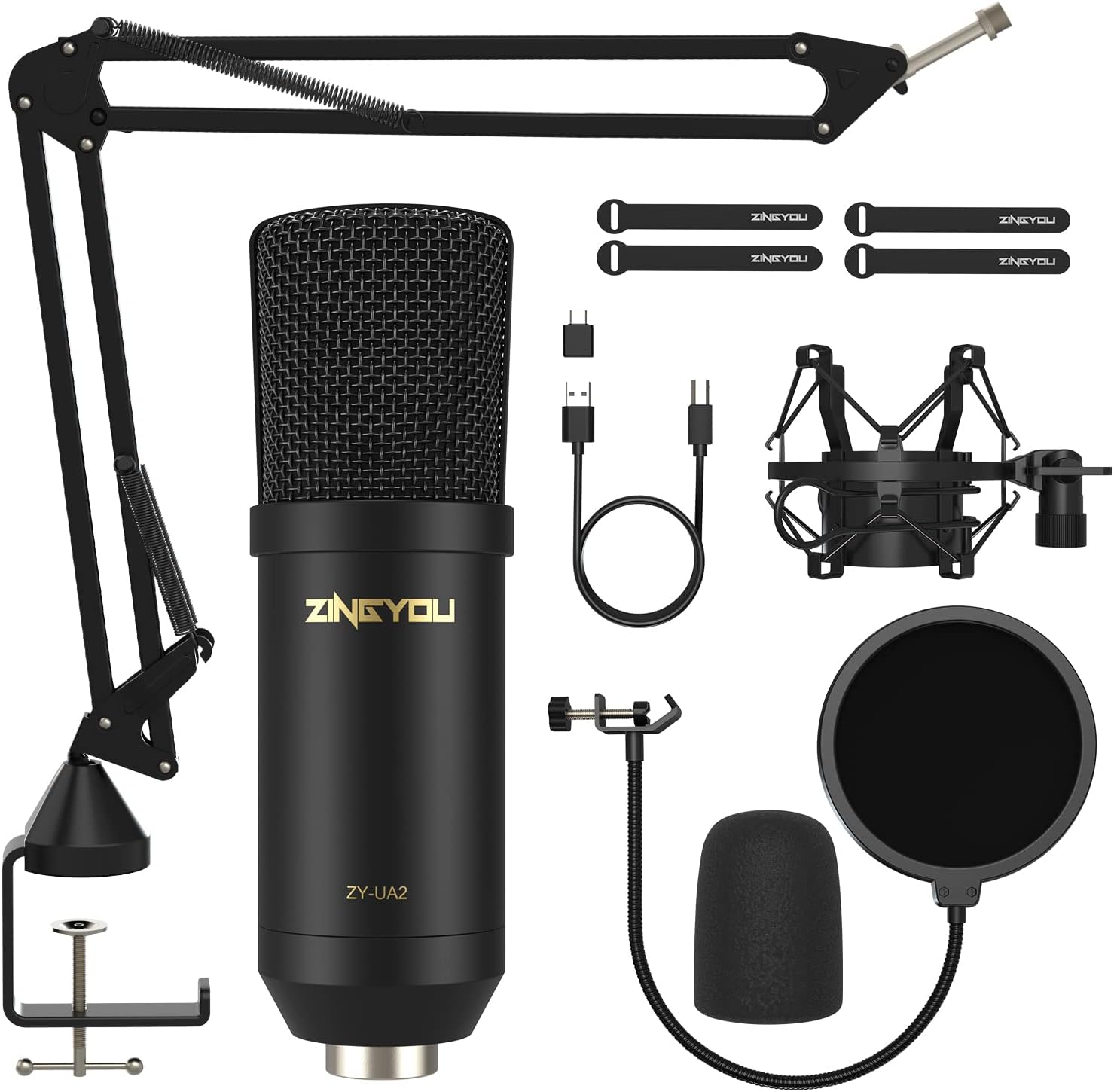 USB Condenser Microphone, ZINGYOU 96KHz/24Bit Cardioid Computer Mic Kit for PC Recording, Gaming, Live Streaming, Voice Over, YouTube, Twitch, with Upgraded Boom Arm, ZY-UA2 (Gold) Pack of 2