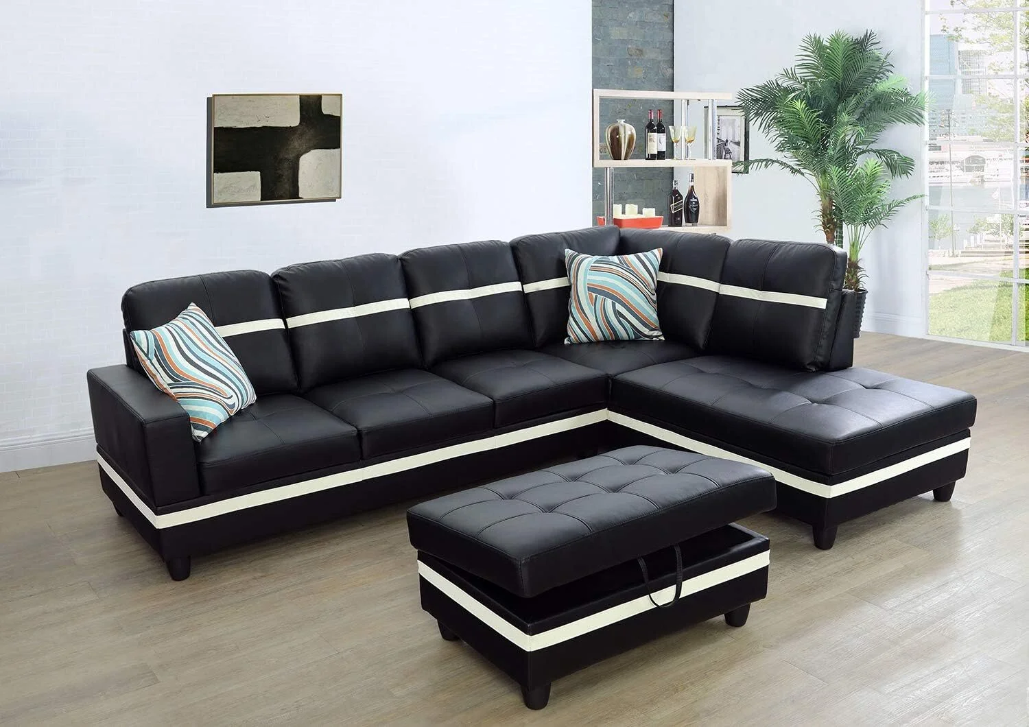 Ainehome 103.5" Leather Sectional Sofa Set, 3-Piece L-Shaped Living Room Couch Sets with Chaise Storage Ottoman and Pillows, Black