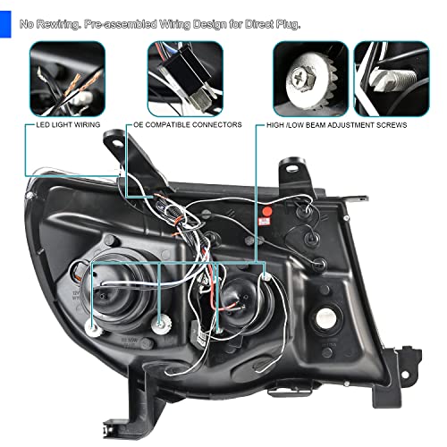 SPEC-D TUNING LED Halo Chrome Housing Clear Lens Projector Headlights Lamps Compatible with 2005-2011 Toyota Tacoma, Left + Right Pair Headlamps Assembly