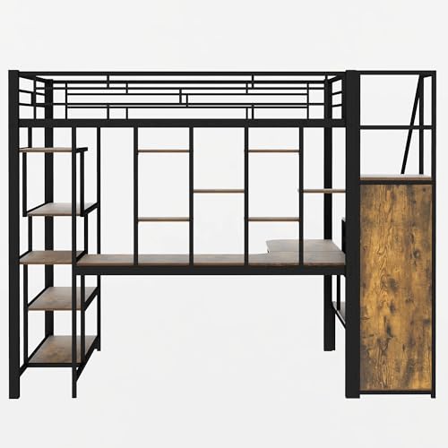 Modern Full Size Metal Loft Bed with Storage Staircase and Small Wardrobe, Multi-functional Metal Loft Bed Frame with Built-in Desk and Storage Shelves (White/L7)