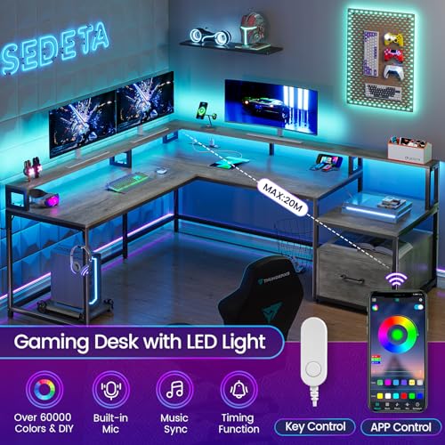 SEDETA L Shaped Gaming Desk, 66" Home Office Desk with File Drawer & Power Outlet, Corner Gaming Computer Desk with Led Lights, Monitor Shelf and Printer Storage Shelves, Two Person Desk, Black