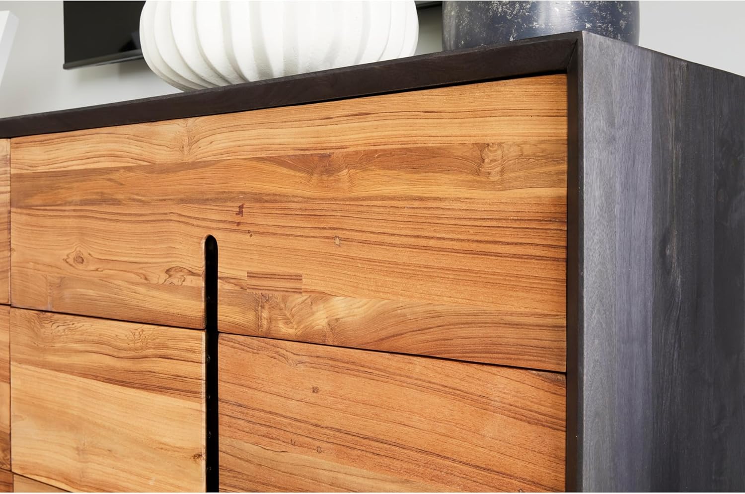 Lennox, Dresser, Scandinavian Solid Mango Wood with Reclaimed Teak Doors and Steel Legs, 6 Drawers, Light Brown