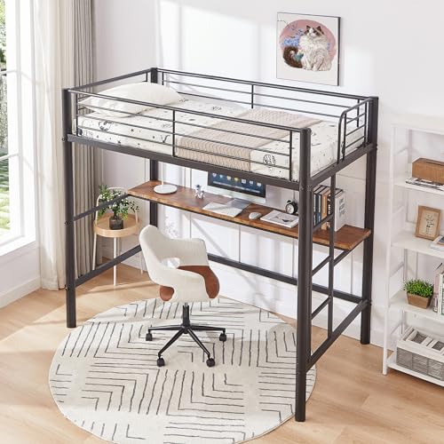 VECELO Metal Loft Bed Twin Size, Heavy Duty Bedframe with Removable Ladder and Safety Guardrail, Space-Saving, Noise Free, No Box Spring Needed, Off White