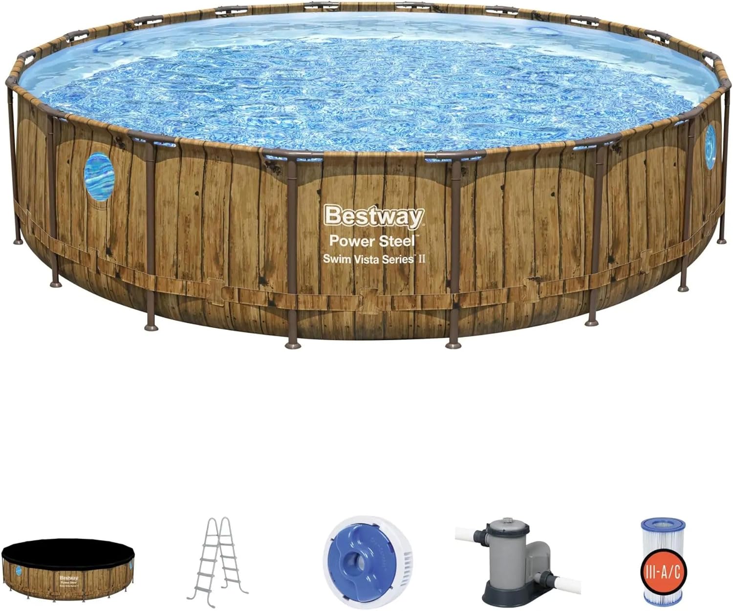 Bestway Power Steel Swim Vista Series II 18' x 48" Round Above Ground Outdoor Swimming Pool Set with Built-in Windows, Filter Pump, Ladder, and Cover