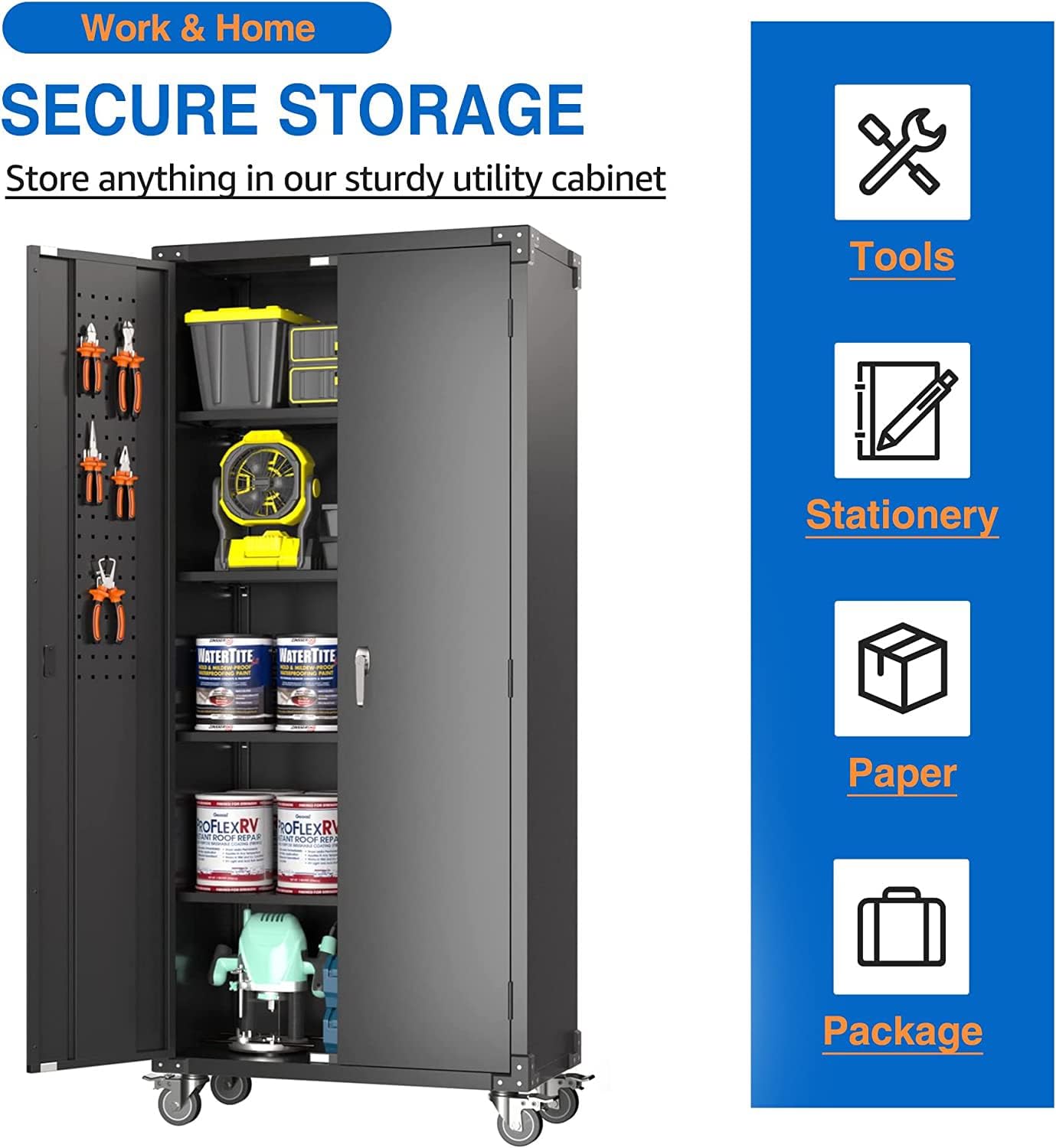 Metal Storage Cabinet with 2 Locking Doors and 4 Adjustable Shelves,Garage Storage Cabinets with Pegboard &Wheels,72" Steel Storage Cabinet for Home,Office Assembly Required (Black)