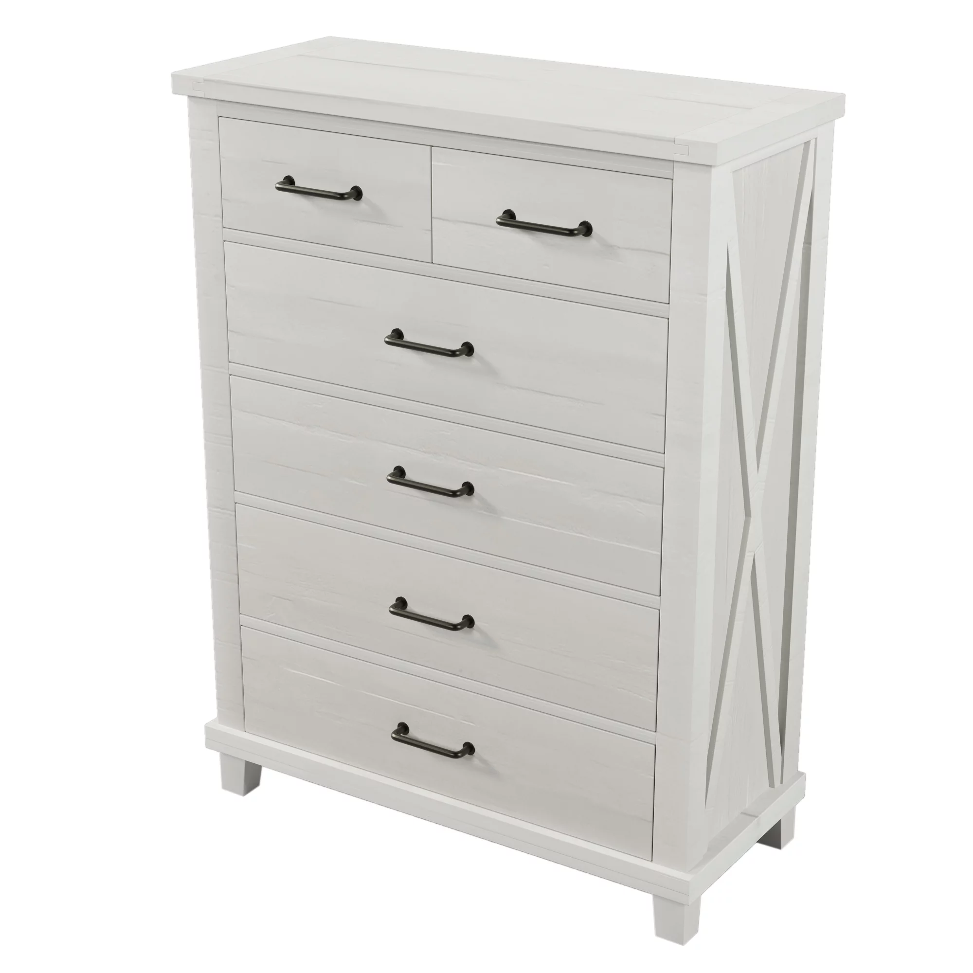 Rustic Farmhouse Style Solid Pine Wood Six-Drawer Chest Tallboy for Bedroom, Living Room, White