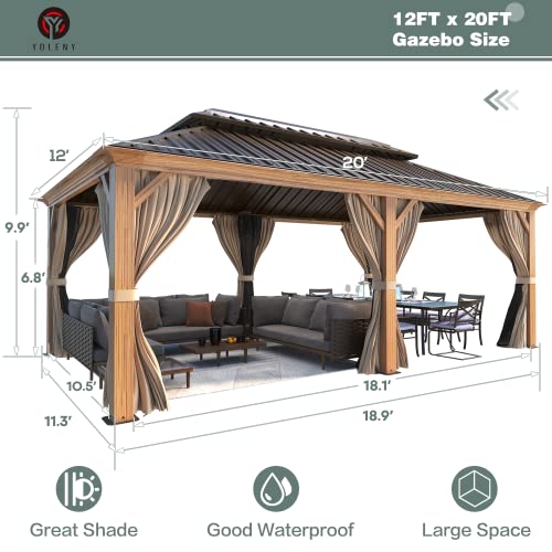 YOLENY 10' x 12' Hardtop Gazebo, Wood-Looking Gazebo with Galvanized Steel Double Roof, Aluminum Frame, Permanent Metal Pavilion with Netting and Curtains for Deck, Backyard, Patio and Lawns