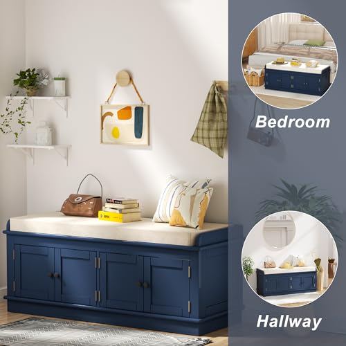 Storage Drawers and 2 Cabinets, Shoe Bench w/Removable Cushion & Seating for Entryway Living Room Hallway Bedroom, 43.7", White1
