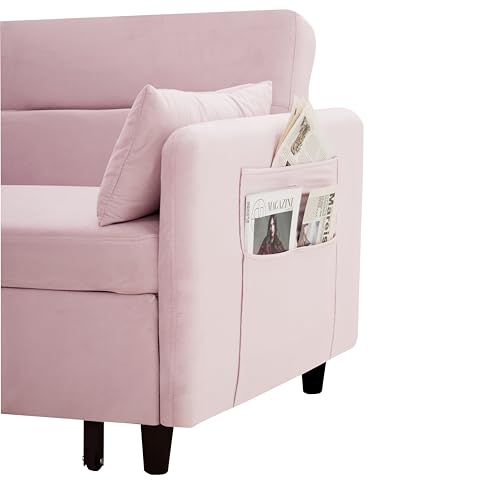 Sleeper Pullout Bed 3-in-1 Includes Two Pillows 54" Velvet Couch Sofa Reclining Backrest, Storage Pockets – Modern with Small Space for Living Room, Pink