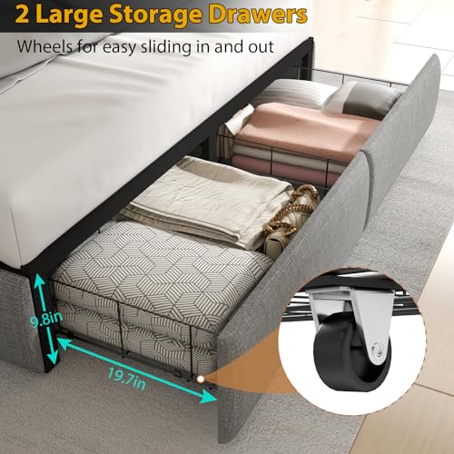 Full Size Bed Frame with 4 Storage Drawers and LED Lights, Upholstered Wingback Linen Tufted Headboard with Charging Station, Steel Slat Support, No Box Spring Needed, Noise-Free, Easy Assembly, Gray