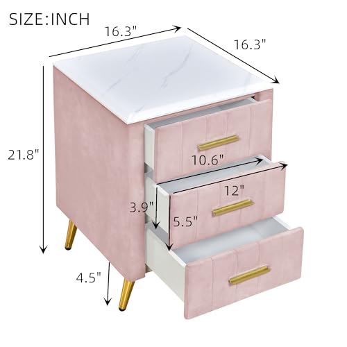 SOFTSEA 3-Piece Queen Bedroom Set, 3 Pieces Furniture Bedroom Sets Include Queen Size Upholstered Platform Bed and 2 Nightstands, Velvet Nightstands with Marbling Worktop and Metal Legs&Handles, Pink