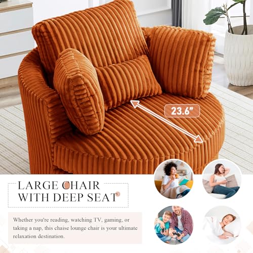 Chair and A Half with Ottoman, 360° Swivel Accent Barrel Chair Modern Comfy Round Reading Sofa Swivel Chairs Circle Lounge Chair for Bedroom Living Room w/4 Pillow Lower Seating Heigh (White, Large)
