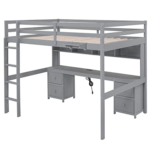 Full Size Loft Bed with Desk and Storage, Wooden Loft Beds Frame with Charging Station, High Loft Beds with 4 Drawers & 4 Shelves & 2 Outlets & 2 USB Port for Kids Teens Adults, Gray