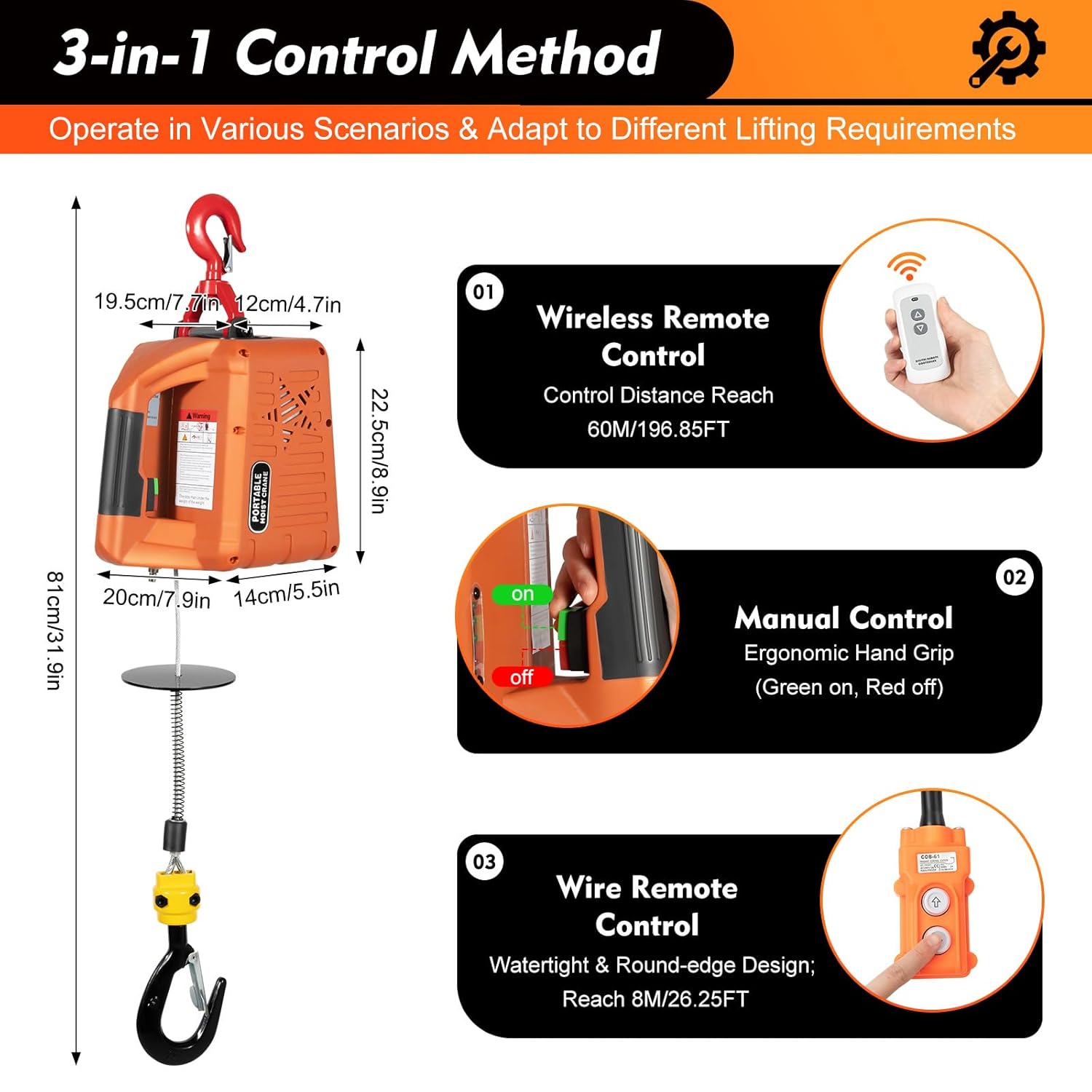 3 in 1 Electric Hoist Winch 660LBS Portable Electric Winch 110V 1500W Electric Hoist Winch with Wired and Wireless Remote Control Lift 16ft/Min Electric Hoist Winch for Lifting and Traction