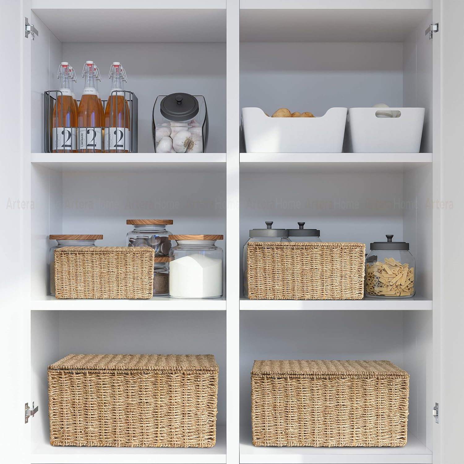 Artera Wicker Storage Basket - Set of 3 Woven Seagrass Baskets with Lid and Handle for Organizing, Large Rectangular Natural Nesting Storage Bins for Bedroom, Bathroom, Laundry Room (Set of 4) Pack of 2