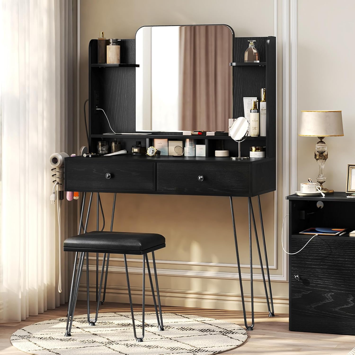 TC-HOMENY Makeup Vanity with Charging Station, Vanity Desk with 2 Drawers and Mirror, Black Vanity Desk Storage Shelves and Cushioned Stool, Vanity Table with Metal Hairpin Legs
