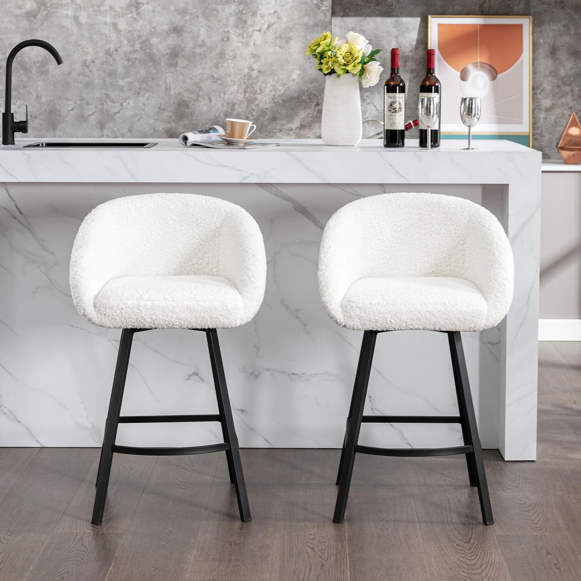 Zesthouse 25.6" Counter Height Swivel Bar Stools Set of 2, Sherpa Barrel Bar Stools with Backs, Modern Boucle Counter Stools for Pub Kitchen Island, White