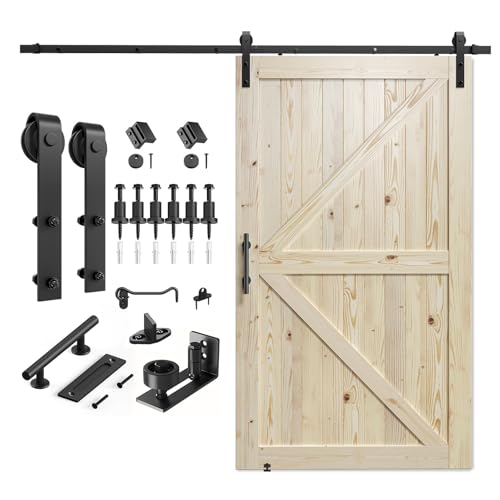 SMARTSTANDARD 36in x 84in Sliding Barn Door with 6.6ft Barn Door Hardware Kit Included, Unfinished Solid Spruce Wood Door, Assembly Required, DIY, Stainable, Natural