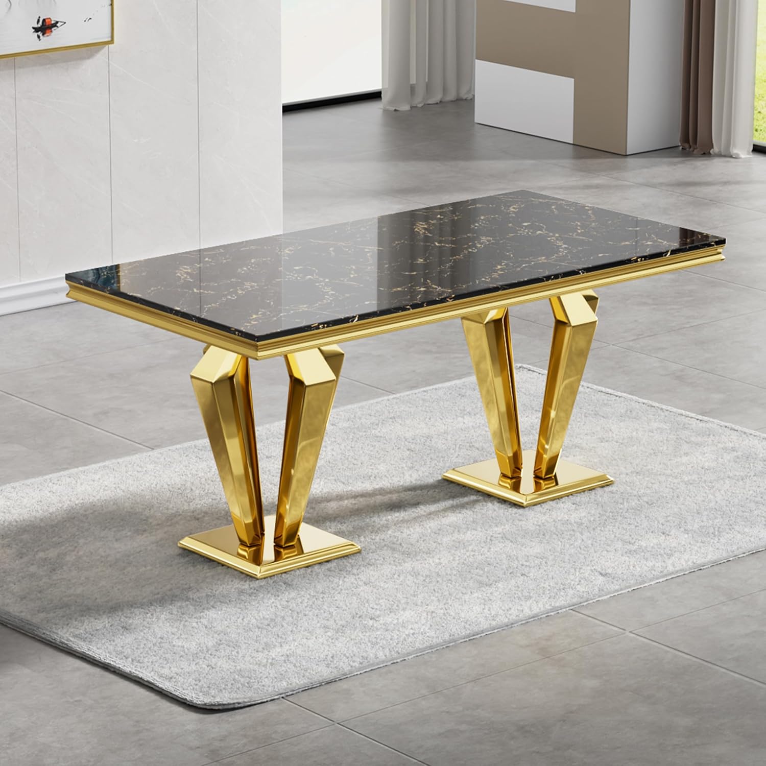 Modern Dining Room Table Set for 6, Marble Dining Table Set for 6, 70" Black Gold Marble Dining Table with 6 Upholstered PU Leather Chairs, 7 Piece Dining Table Set for Dining Room Kitchen
