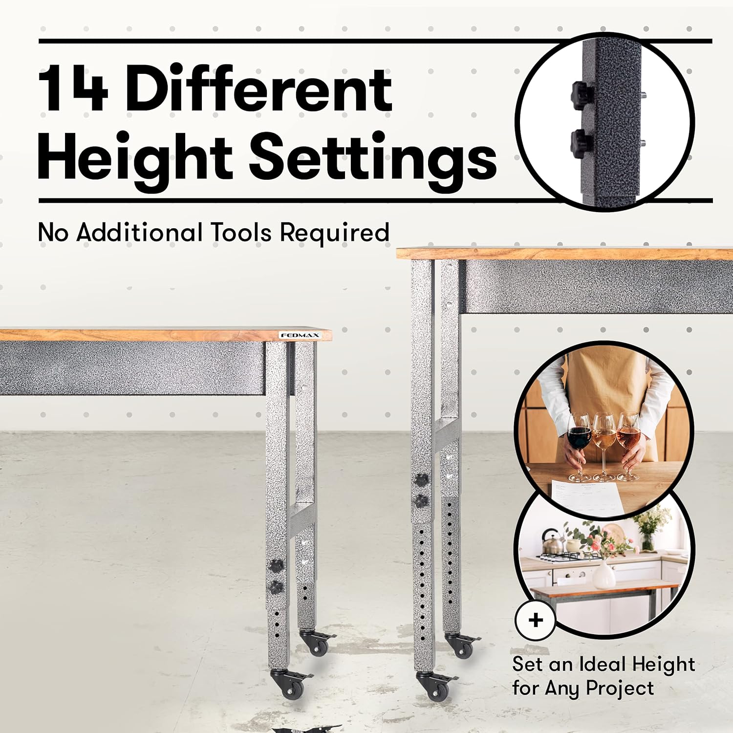 Fedmax Work Bench - 61-inch x 28 to 44-inch Acacia Wood Garage Work Table with Caster Wheels and Adjustable Height Legs - Tool Benches for Home Improvement