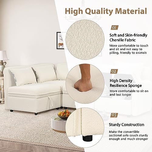 Convertible Modular Sectional Sofa with Storage, 122.8" Modern Chenille Fabric Couch Minimalist Sofa with 5 Pillows for Living Room, Office, Apartment, Space Saving, Free Combination, Cream