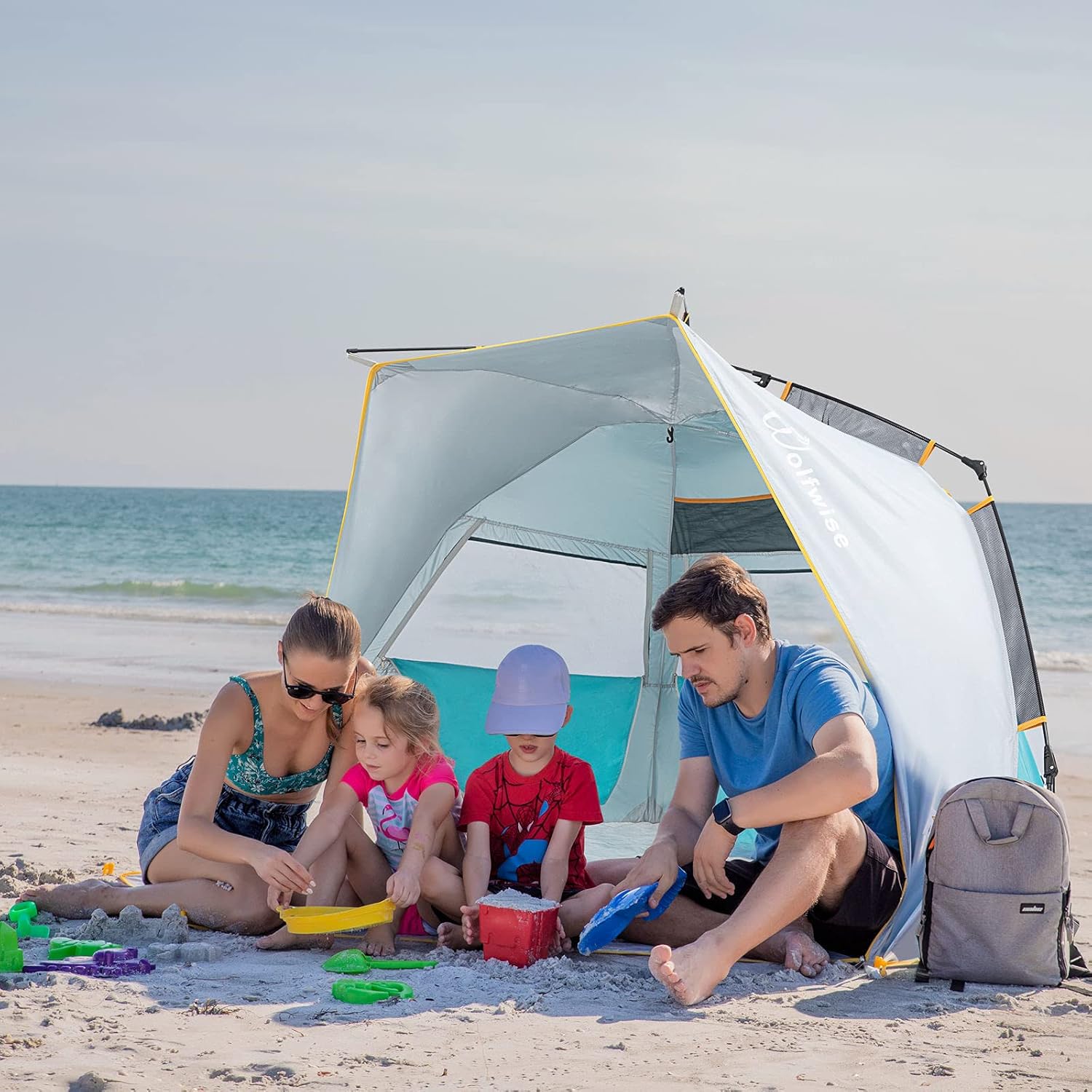 WolfWise 3-4 Person Easy Up Beach Tent UPF 50+ Portable Instant Sun Shelter Canopy Umbrella with Extended Zippered Porch