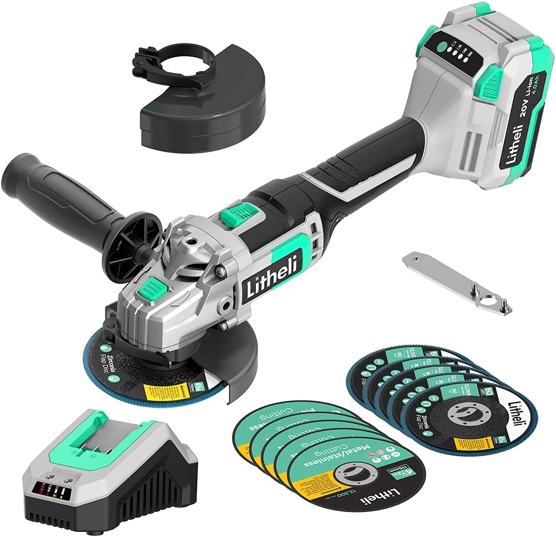 Litheli 20V Cordless Angle Grinder,4-1/2 Inch,Metal Cut Off Tool/Polish Tool With 4.0Ah Battery& Charger , Adjustable Handle Grinder for Cutting and Grinding Wood and Metal Pack of 2