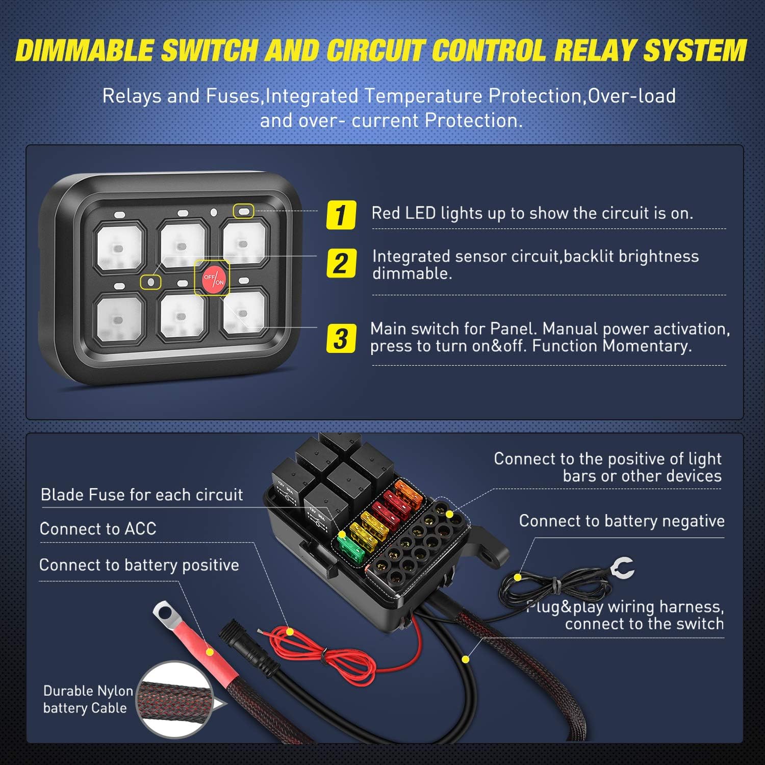 Nilight 6 Gang Switch Panel Universal Circuit Control Relay System with Fuse Wiring Harness Automatic Dimmable ON-Off LED Switch Pod for Cars Trucks Boats ATV UTV SUV, 2 Years Warranty